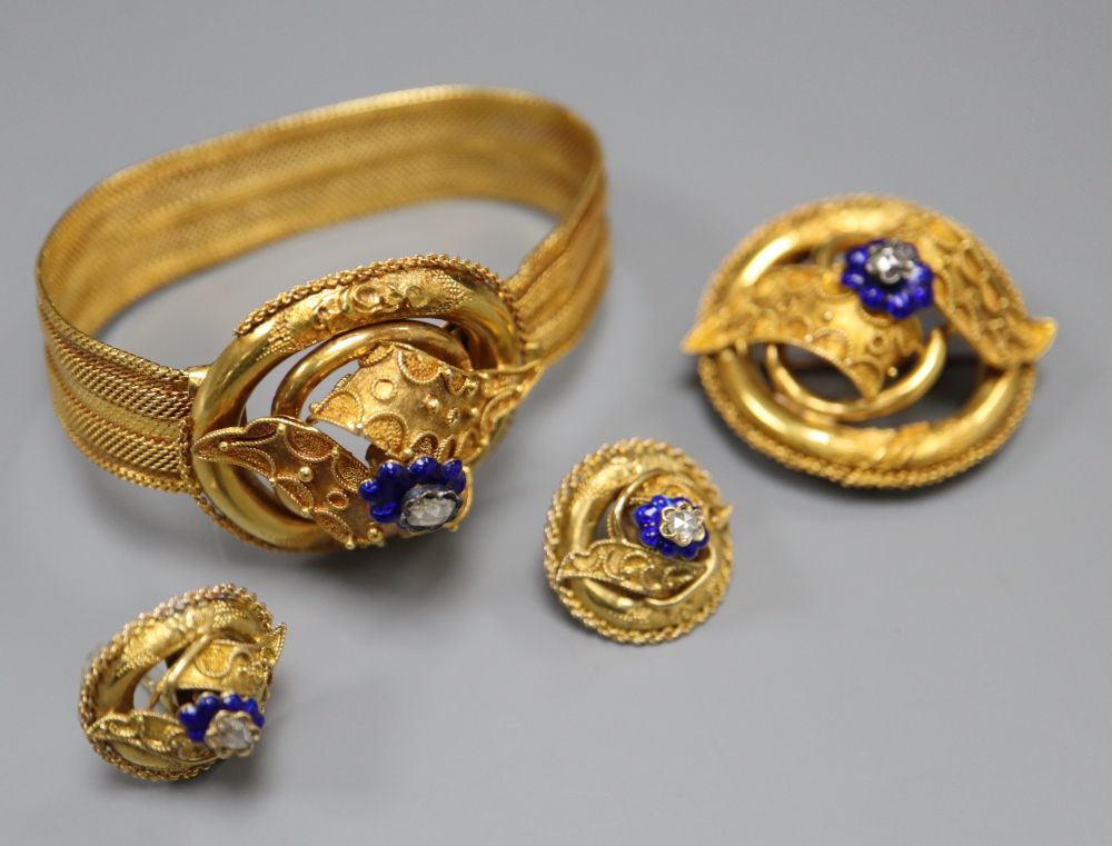 A Victorian yellow metal, blue enamel and rose cut diamond set demi parure,